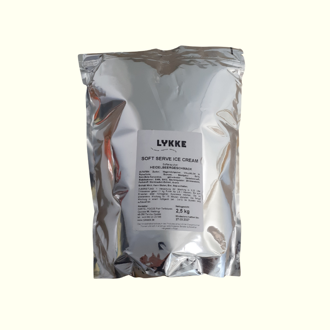 Lykke Softeispulver Heidelbeere 2,5kg | 7-9 Liter fertige Mischung | Eis Pulver für Softeismaschine - cremiges Softeis für Zuhause & Gastronomie - Eispulver mit Heidelbeergeschmack