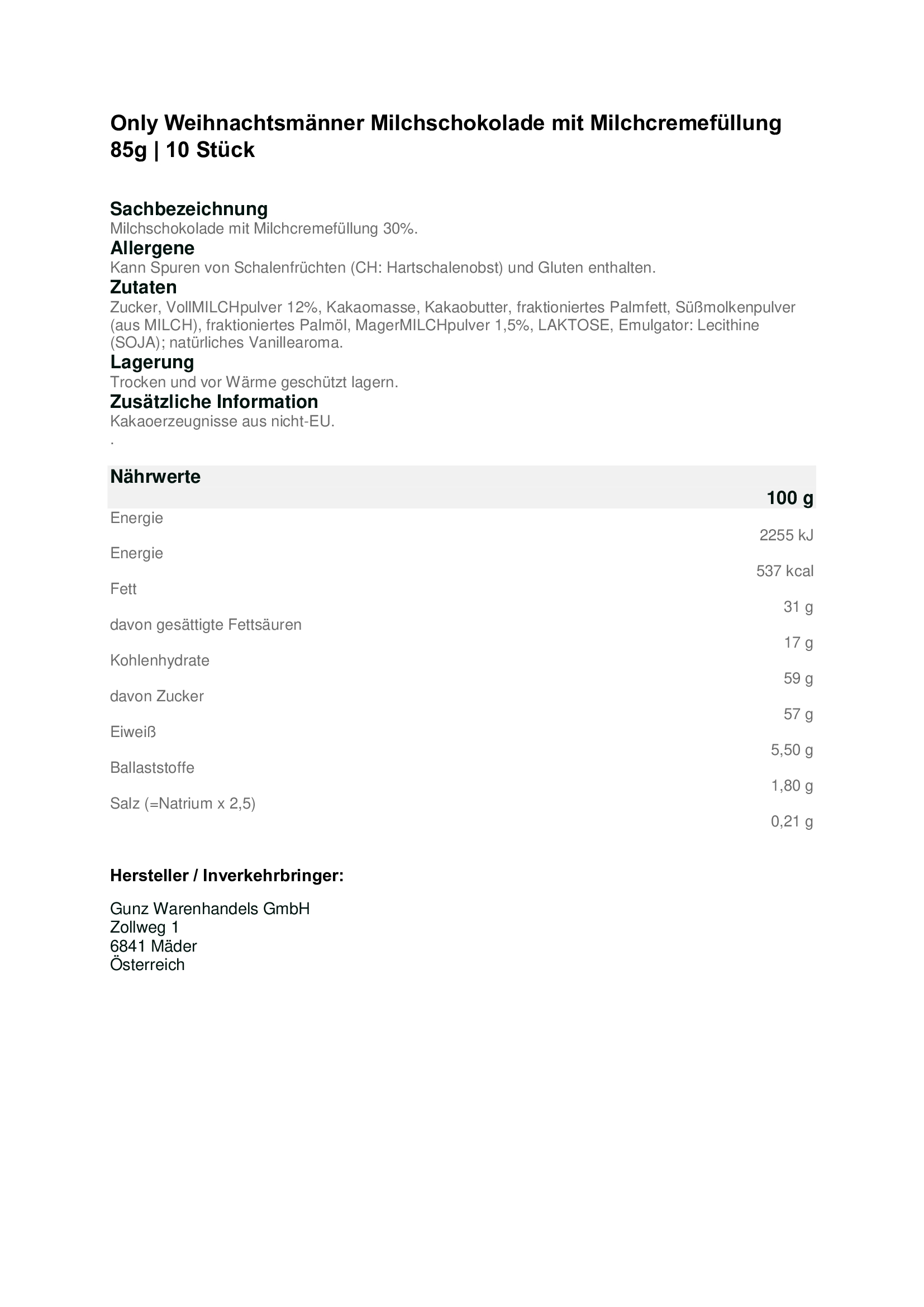 Weihnachtsmänner Milchschokolade mit Milchcremefüllung 85g | 10 Stück