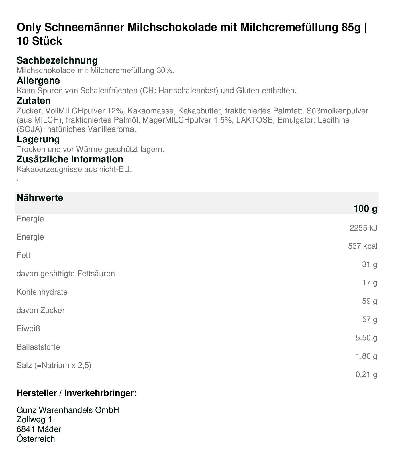 Schneemänner Milchschokolade mit Milchcremefüllung 85g | 10 Stück